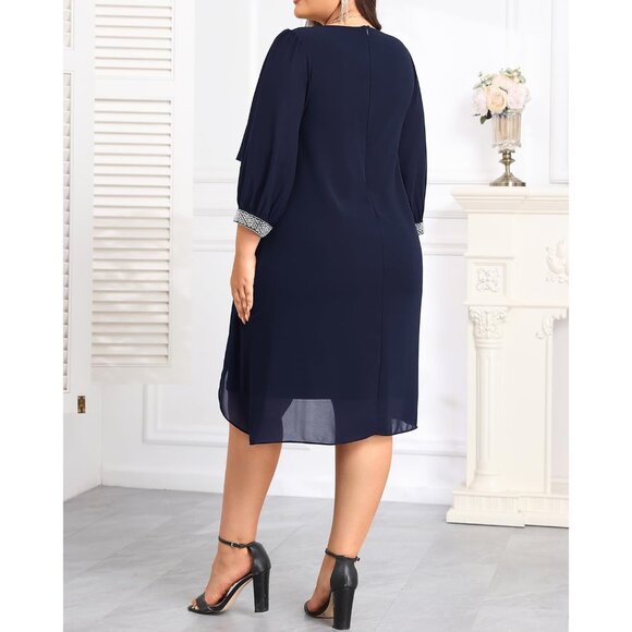 Plus Size Cocktail Dress Chiffon Cape Glitter Evening Wedding Guest - Picture 4 of 5